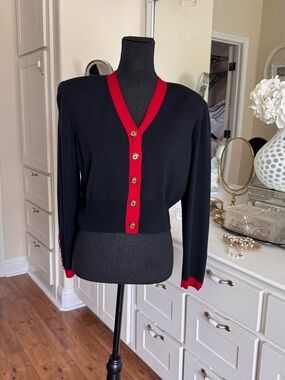 St John Collection Black Cardigan Red Trim